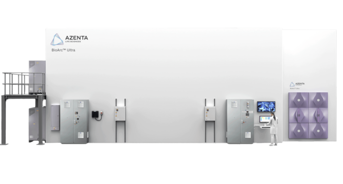 Seite des BioArcs Ultra mit Bildschirm, sichtbare Laborger&auml;te, Pickstationen