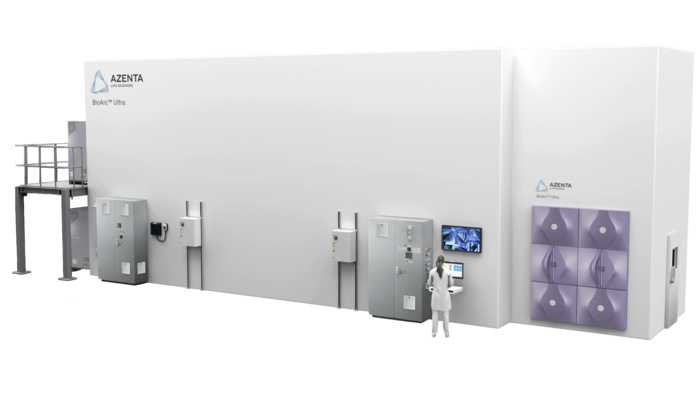 Seite des BioArcs Ultra mit Bildschirm, sichtbare Laborger&auml;te, Pickstationen